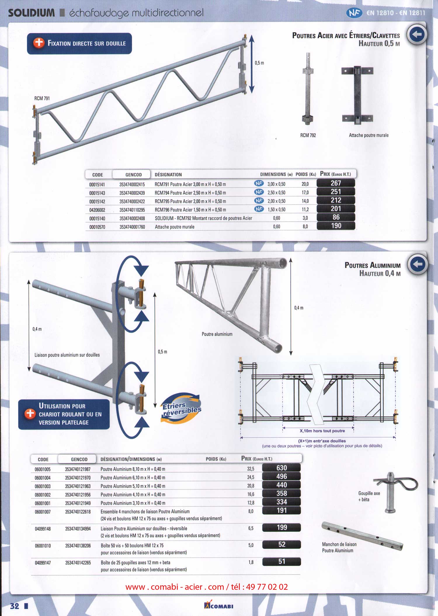 échafaudage multidirectionnel Soludium , poutres acier avec étriers et clavettes hauteur de 0.50 m, attache poutre murale, potres aluminium de 0.4 m, goupilles, manchon de liaison .