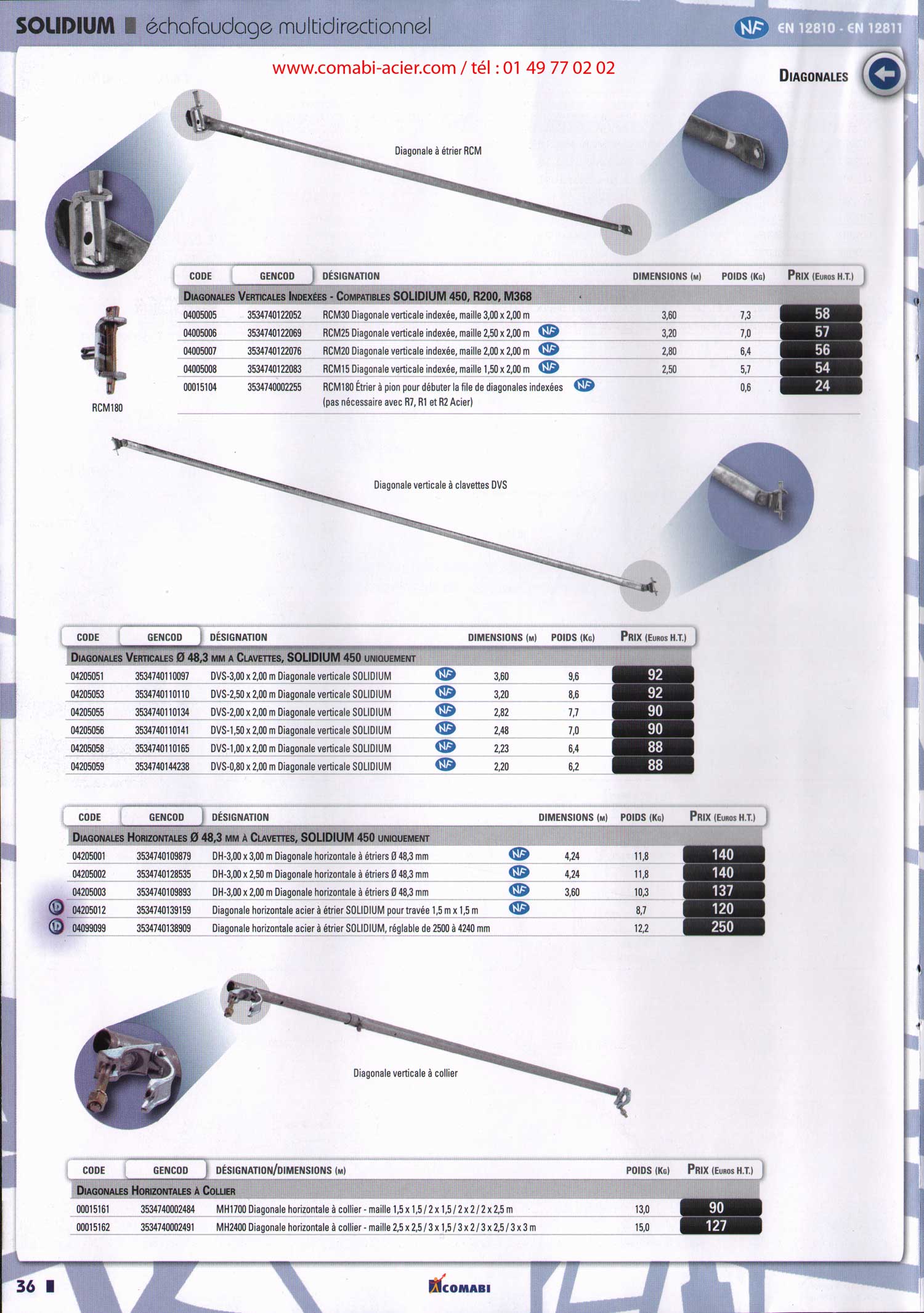 diagonales verticales indexées pour R200, M368, Solidium 450, diagonale verticales dia 48.3 mm à clavette et de dia 48.3 mm pour Solidium uniquement . 