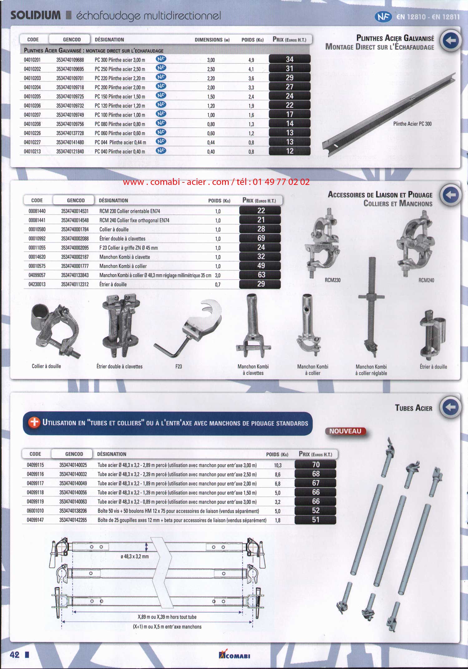 plinthes acier galvanisé à montage direct sur échafaudages acier Comabi, accessoires de liaison et de piquage , tubes acier ,colliers et manchons