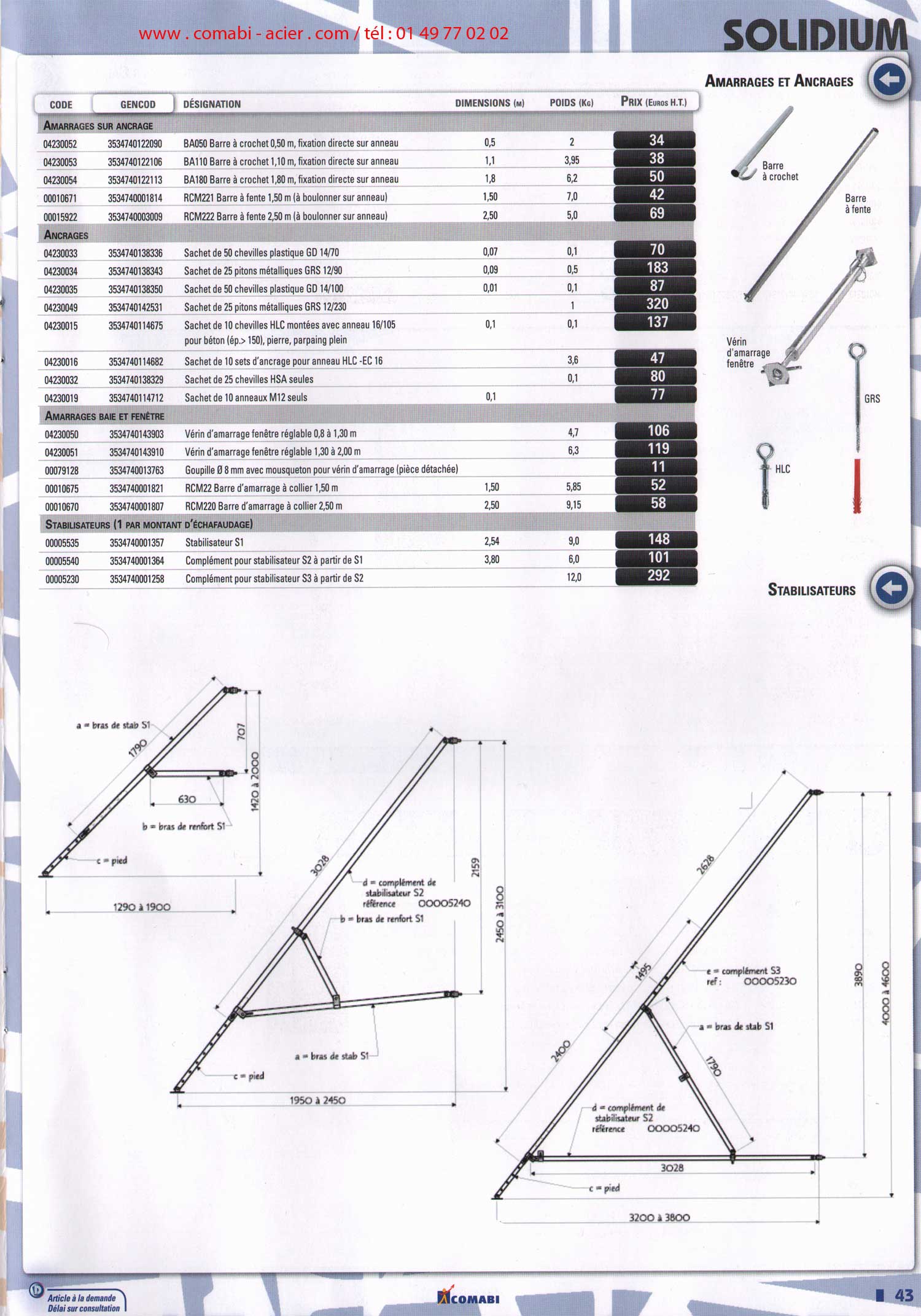 barre à crochet de 0.5 mètre à fixation directe sur anneau, barres à fentes à boulonner sur anneau, amarrage, ancrages, amarrage sur fenêtres et baies, pieds stabilisateurs de grandes longueurs .