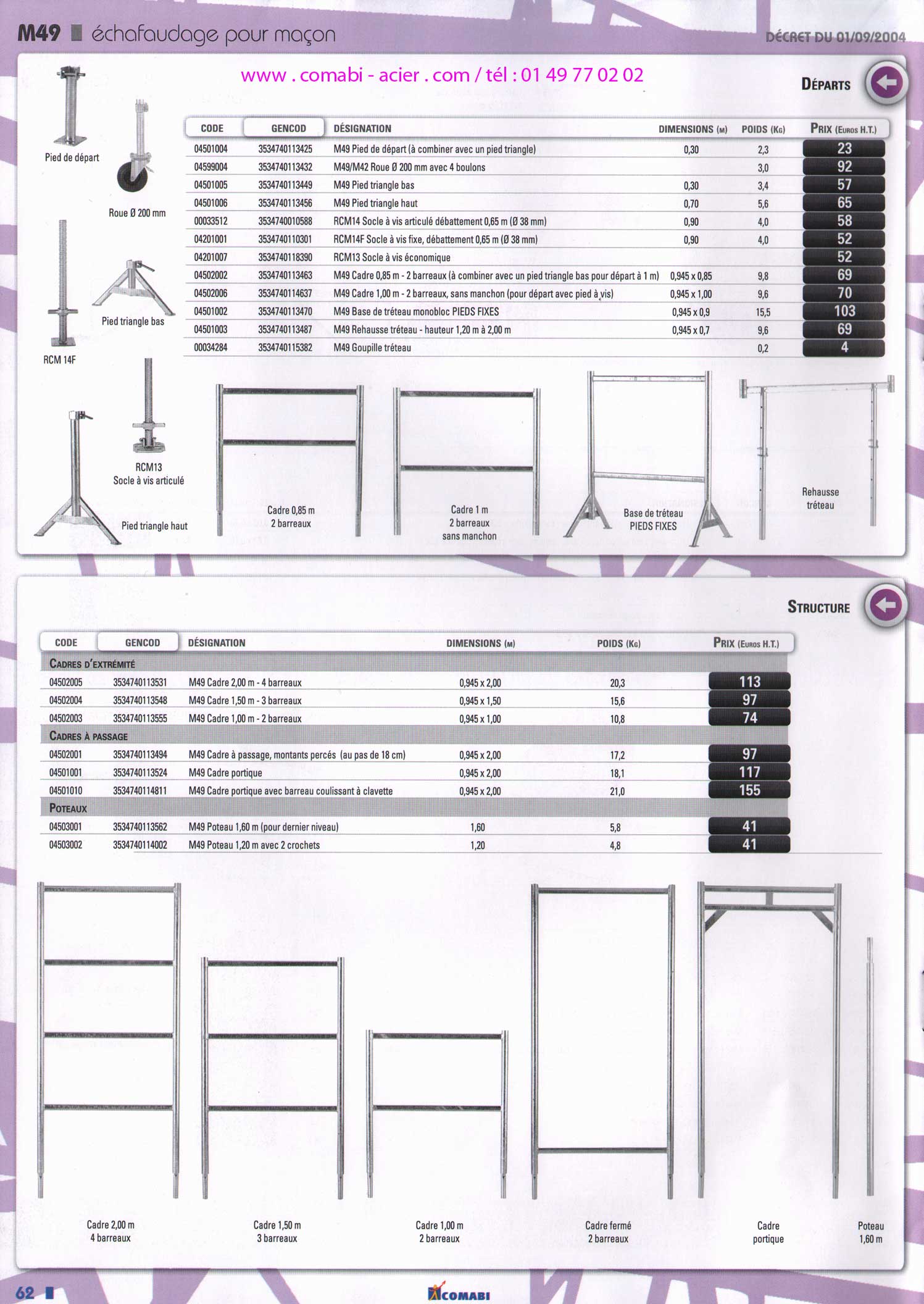 pieds de dpart,socle  vis, cadre de dpart, rhausse trtaux,structures M49 pour maons ,accessoires spécifiques pour maons .