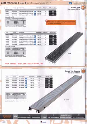 plateau acier demi-largeur de 0.36 m, crochets sertis, à crochets soudés et plateua aluminium de demi-largeur de 2 m, 2.5 m , 3 m et de 0.8 m .