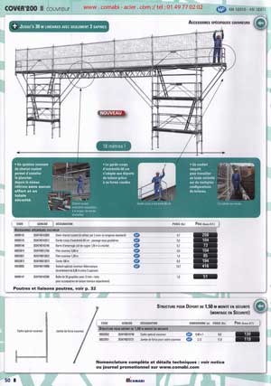 structures pour couvreurs avec 30 mètres linéaires avec 3 sapines, un système innovant de chariot roulant permetant d' installer le plancher depuis le niveau inférieur sans effort, accessoires spécifiques pour couvreurs et structures de déport de 1.5 m en toute sécurité .