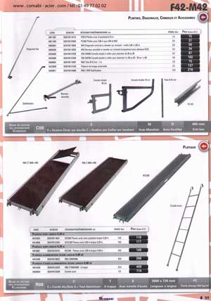 plinthes, diagonales, consoles, plateaux, les cadres à douilles, cadres à assemblage par clavetage sur montant et les garde-corps à claveter sur montants M42, échafaudage façadier économique le plus simple du marché de l' échafaudage , le plus simple à manipuler, le plus stable, et conforme au décret du 01-09-2004 dans la version avec garde-corps monobloc sécurité .