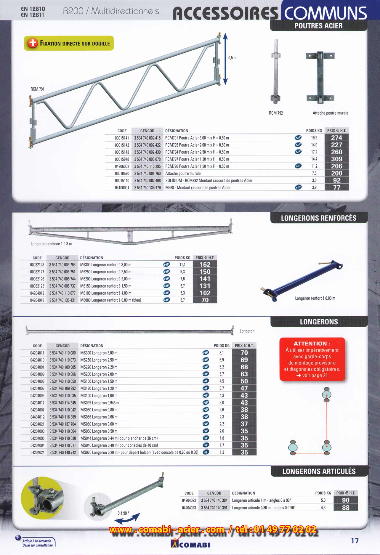 échafaudage multidirectionnel Soludium , poutres acier avec étriers et clavettes hauteur de 0.50 m, attache poutre murale, potres aluminium de 0.4 m, goupilles, manchon de liaison .