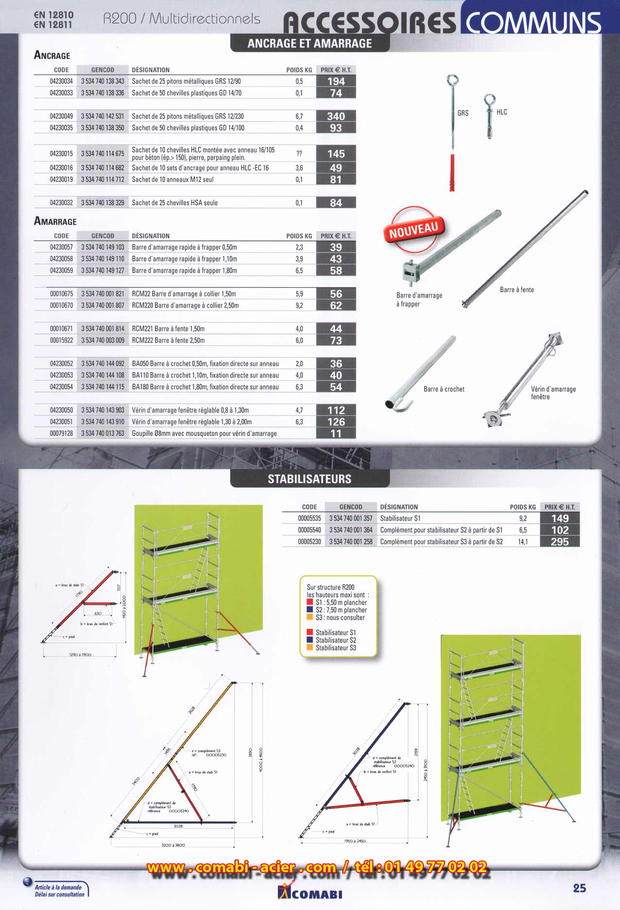 échafaudage multidirectionnel Soludium , poutres acier avec étriers et clavettes hauteur de 0.50 m, attache poutre murale, potres aluminium de 0.4 m, goupilles, manchon de liaison .