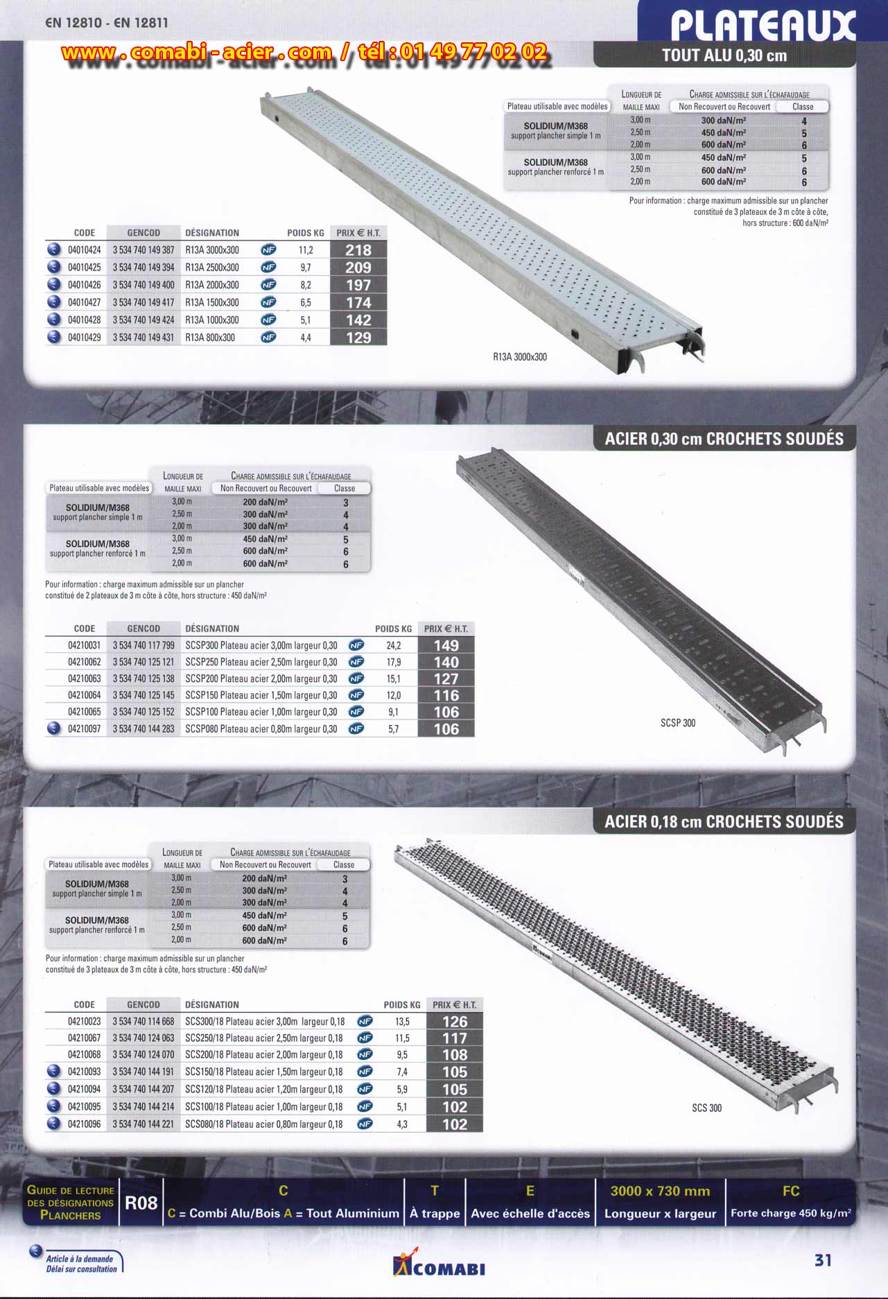 plateau tout aluminium de 0.30m de large avec crochets soudés ,plateau tout acier de 0.30m de large avec crochets soudés, plateau tout acier de 0.18 m de large avec crochets soudés